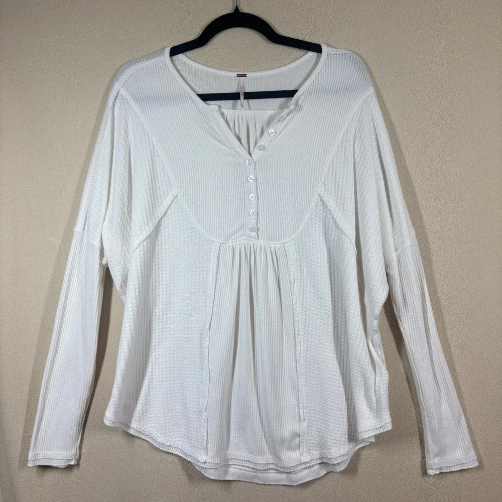 Free People Leo Henley Waffle Knit Oversized Tee Womens Med White Casual Slouchy